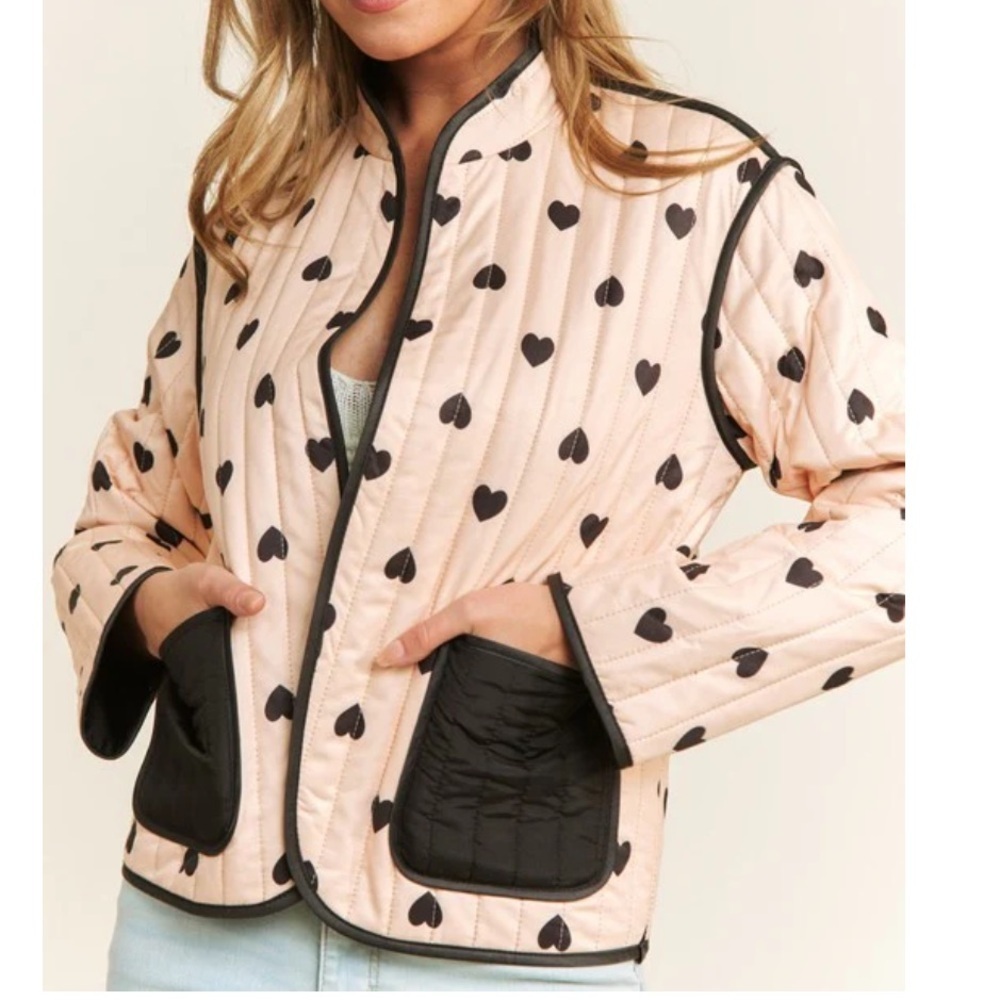 QUILTED HEART LIGHTWEIGHT OPEN PUFFER JACKET SIZE LARGE PINK BLACK